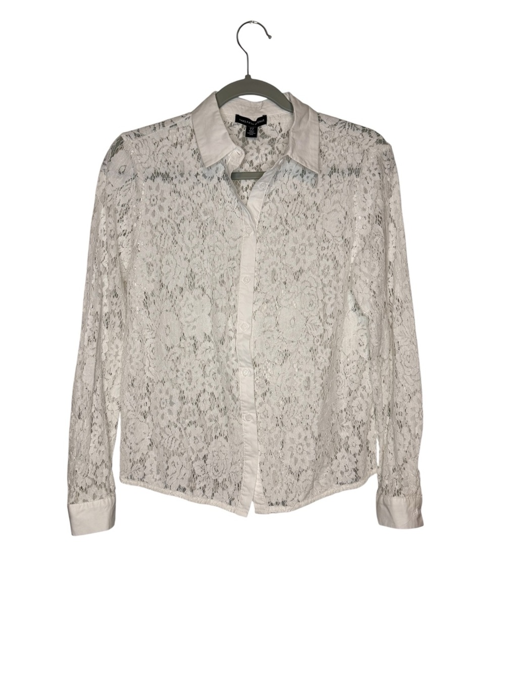 Saks Fifth Avenue White Lace Button-Up Blouse Sheer Size Small